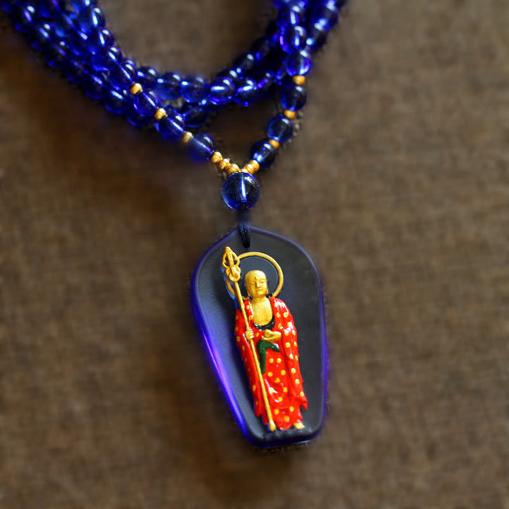 Buddha Stones Ksitigarbha Boeddha Liuli Crystal Compassion Amulet Ketting hanger - Blauwe staande Ksitigarbha - image 6