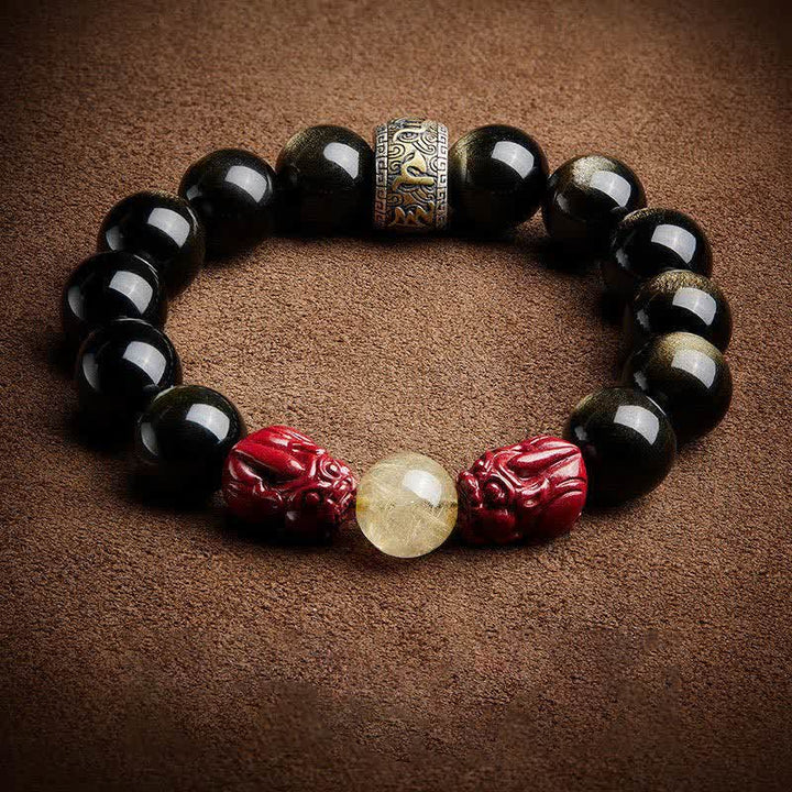 Buddha Stones Gouden glans obsidiaan PiXiu cinnaber Om Mani Padme Hum Armband - image 11