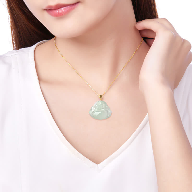 Buddha Stones Lachende Boeddha hanger van natuurlijke jade en titanium stalen Ketting - image 2