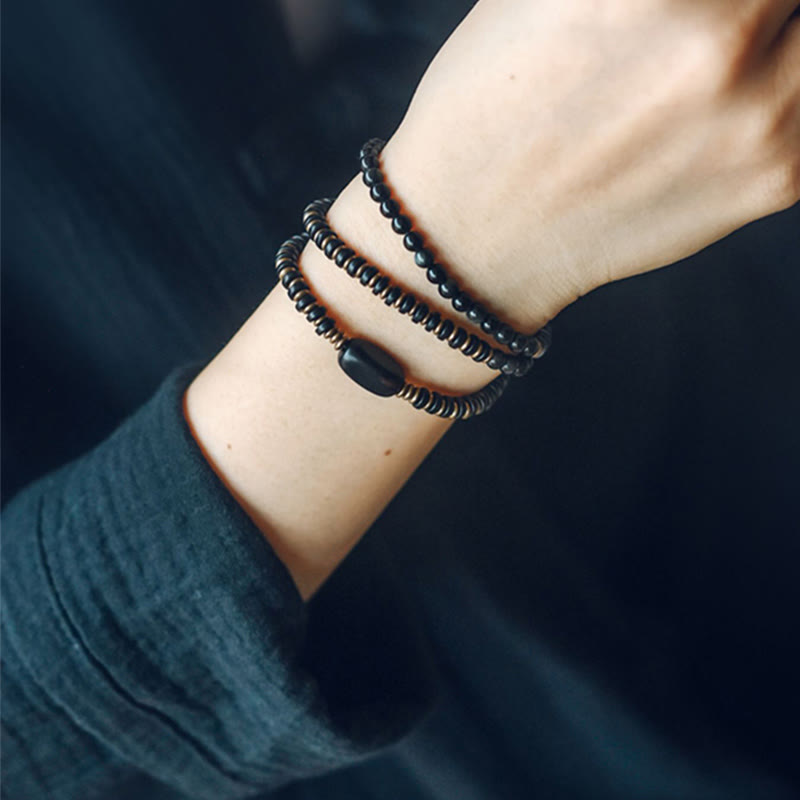 Buddha Stones Regenboog Obsidiaan Ebbenhout Koper Genezende Drievoudige Armband - image 14
