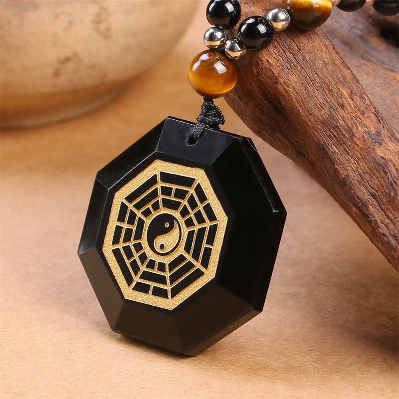 Buddha Stones Bagua Yin Yang Zwarte Obsidiaan Zuiveringskralen Ketting - image 1