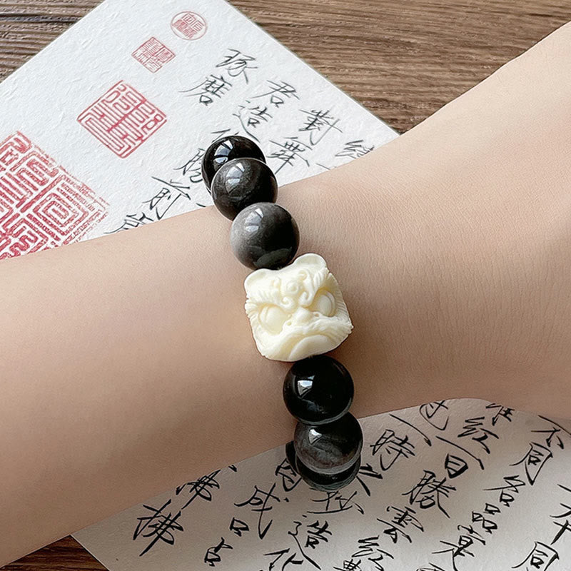 Buddha Stones Zilveren Obsidiaan Bodhizaad Ivoor Fruit Dansende Leeuw Armband - image 4