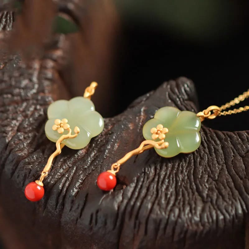 Vintage Ketting van pruimenbloesem, jade en rode agaat, symbool voor voorspoed. - image 1