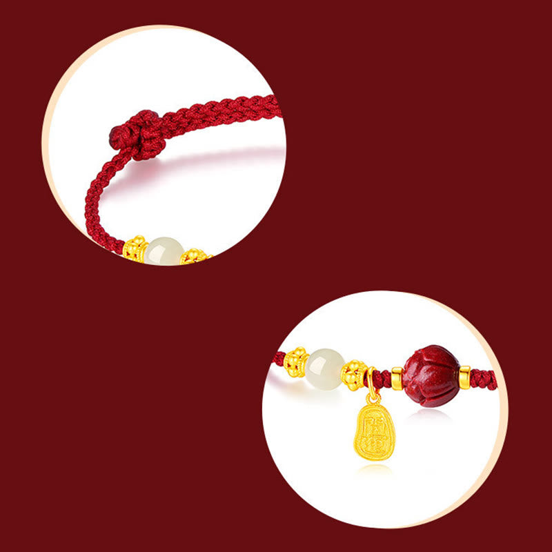 Buddha Stones 24-karaats vergulde Hetian witte jade cinnaber lotus Armband - image 3