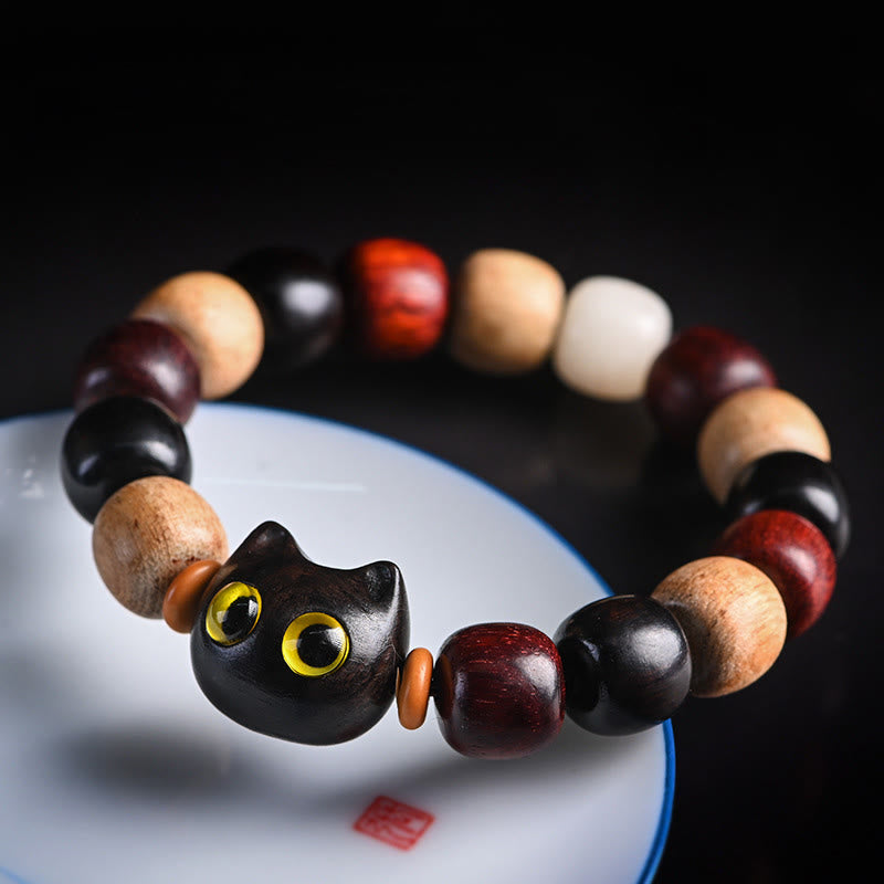 Buddha Stones Armband met kleine blaadjes, rood sandelhout, ebbenhout en schattige kat, gegraveerd ter bescherming - Ebbenhout (Balans♥Rust) - image 0