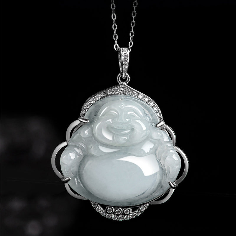 Buddha Stones Lachende Boeddha hanger van natuurlijke jade en titanium stalen Ketting - image 3