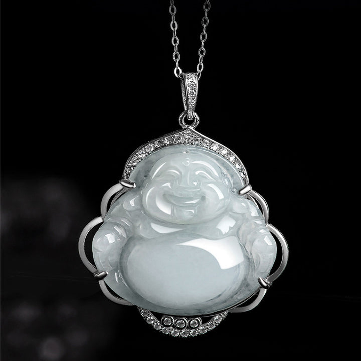 Buddha Stones Lachende Boeddha hanger van natuurlijke jade en titanium stalen Ketting - image 3