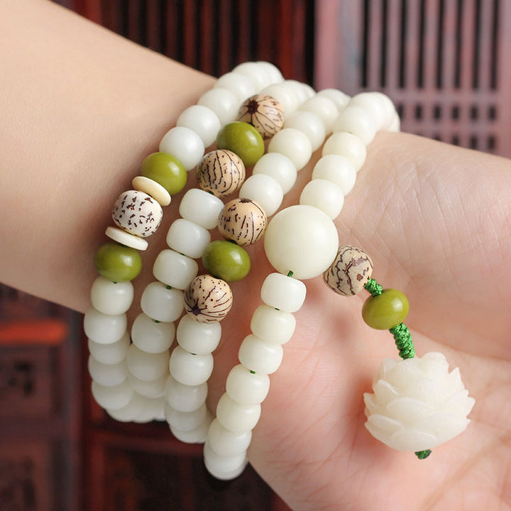Buddha Stones Witte jade Bodhi Lotus Mala Harmonie Ketting en Armband - image 4
