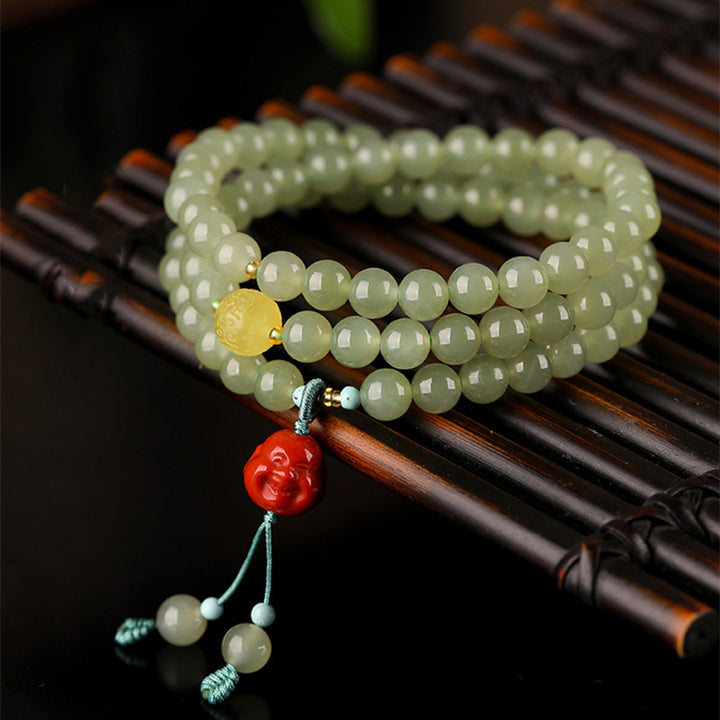 Buddha Stones Armband met lachende Boeddha, symbool van jade, rode agaat en amber. - Jade (♥ Overvloed ♥ Geluk) - image 0