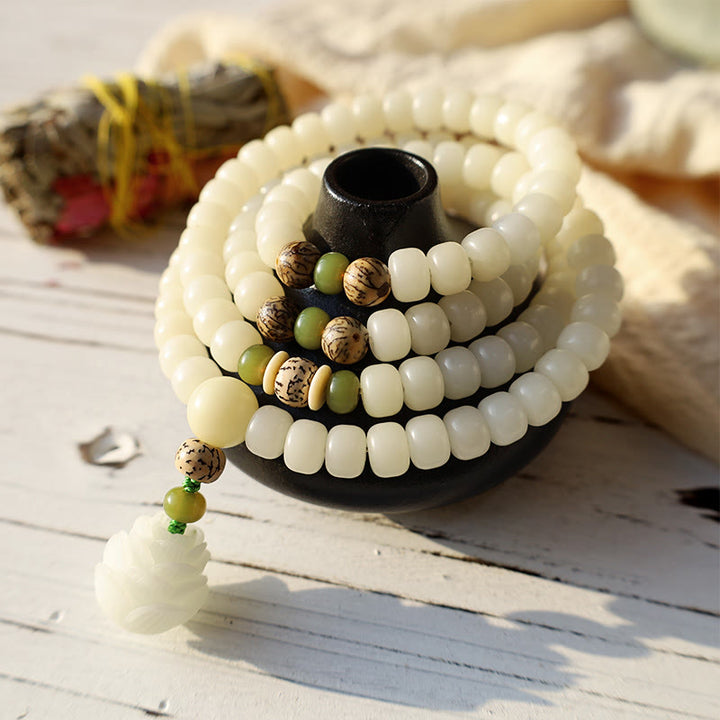 Buddha Stones Witte jade Bodhi Lotus Mala Harmonie Ketting en Armband - image 2