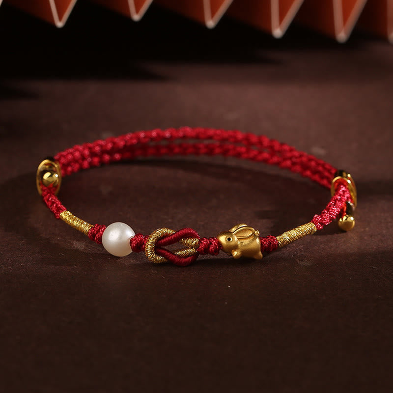 Buddha Stones 24K Gouden Armband met Ruyi-handvat en Fu-teken: Konijn, Parel, Geluk. - 24-karaats gouden konijnenparel (Polsomtrek 14-19 cm) - image 10