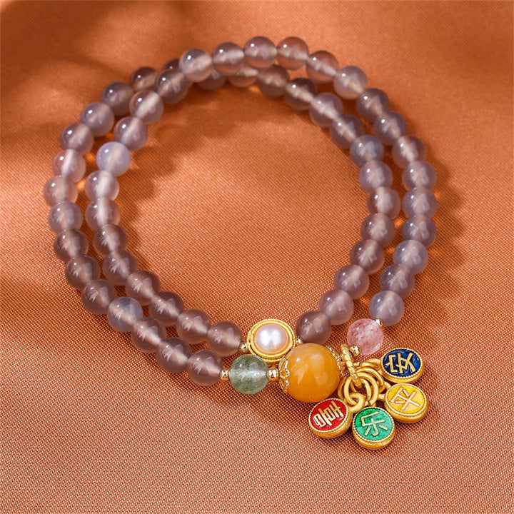 Buddha Stones Natuurlijke grijze agaat vredes- en vreugdebedel balans dubbele Armband - image 3