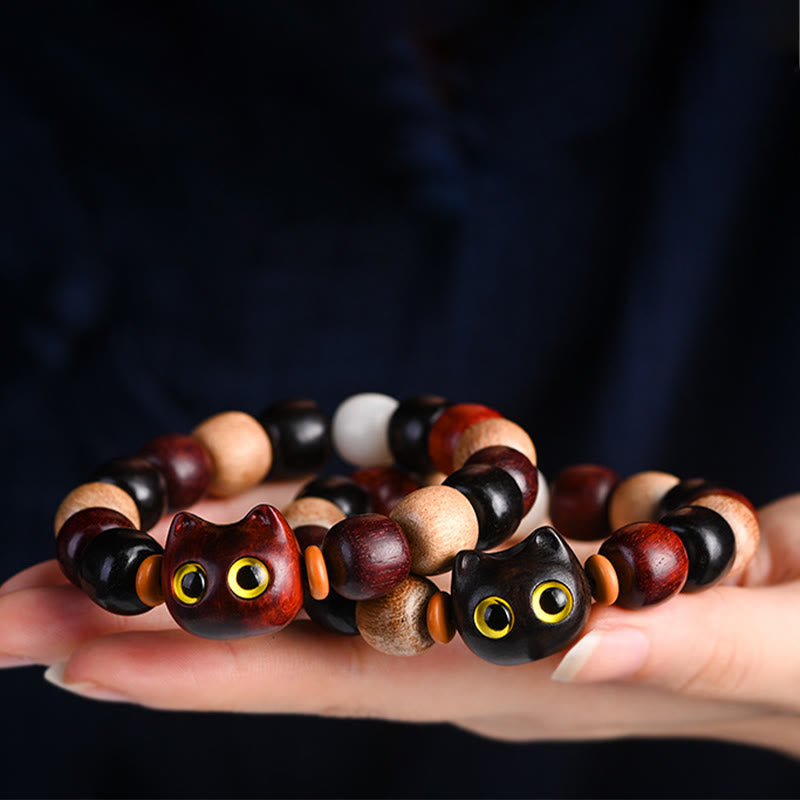Buddha Stones Armband met kleine blaadjes, rood sandelhout, ebbenhout en schattige kat, gegraveerd ter bescherming - image 20