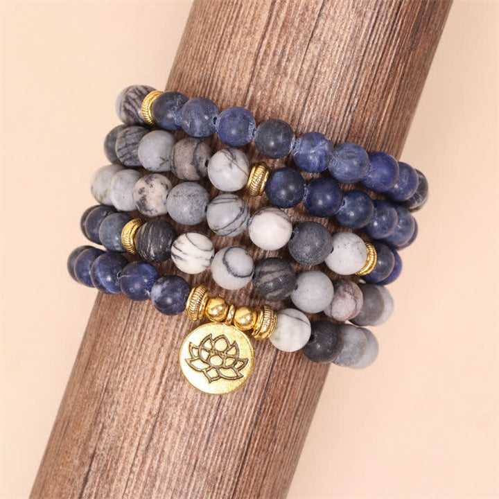 Buddha Stones 108 Mala kralen Sodalite Zebra Jaspis Kristal Lotus Armband - image 4