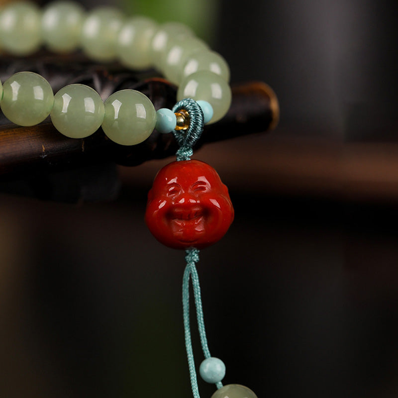 Buddha Stones Armband met lachende Boeddha, symbool van jade, rode agaat en amber. - image 7