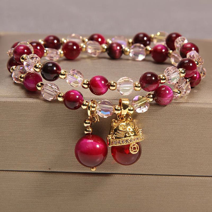 Buddha Stones Tijgeroog PiXiu Vos Geldzak Bescherming Zelfvertrouwen Dubbele Armband - Rode tijgeroog &amp; gelukskat - image 13