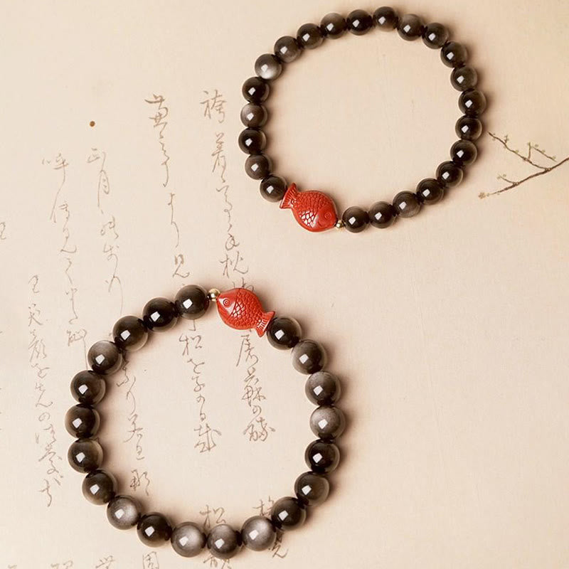 Buddha Stones Natuurlijke zilverglans obsidiaan cinnaber koi vis kalmerende Armband - image 6