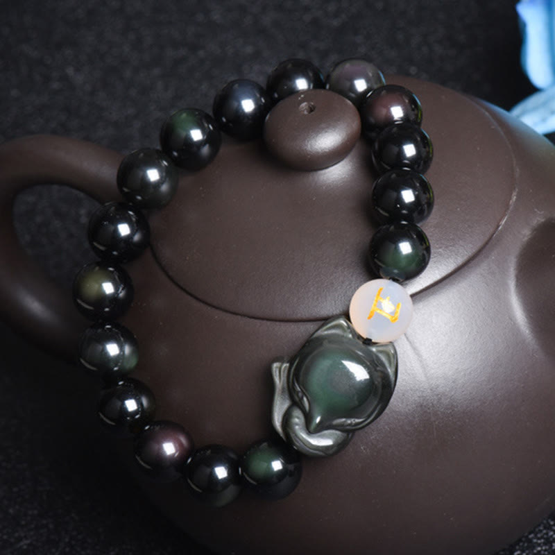 Buddha Stones Natuurlijke regenboogobsidiaan met gouden glans, obsidiaan met zilveren glans, obsidiaan met vossen Armband - image 1