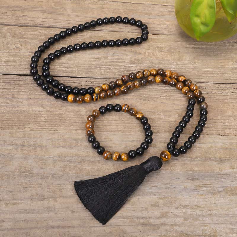 Buddha Stones Tibetaanse zwarte onyx tijgeroog Ketting Mala set - Armband + Mala - image 0