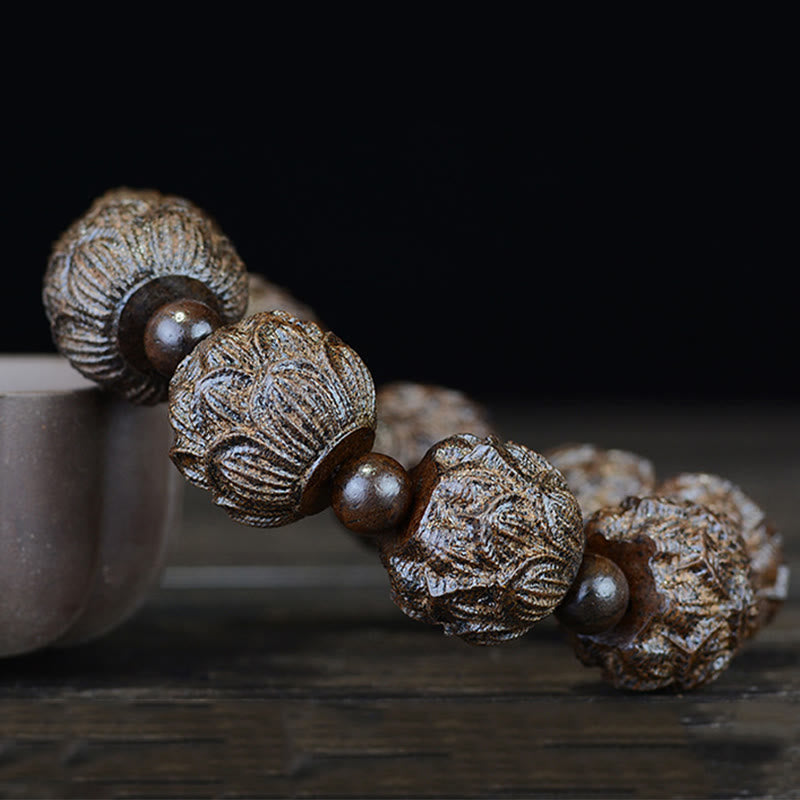 Buddha Stones Armband van ebbenhout met achttien arhats, lotus en draak. - image 2