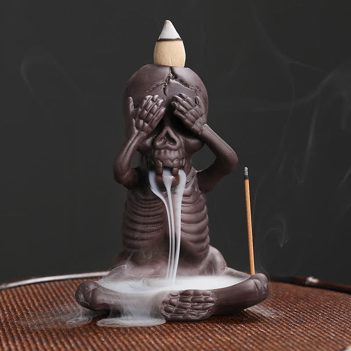 Buddha Stones Kleine schedel spook paarse klei rookfontein met terugstromende rook vrede Wierook decoratie - Klein spookje/Kijk niet - image 2