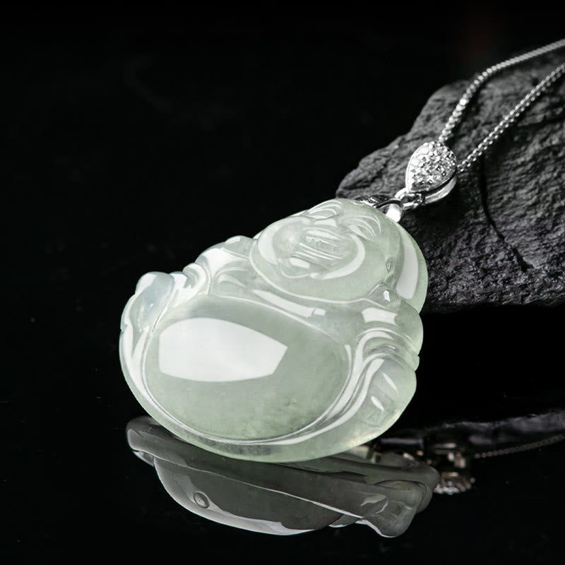 Buddha Stones Natuurlijke jade lachende Boeddha welvaart overvloed ketting Ketting van titaniumstaal - image 3