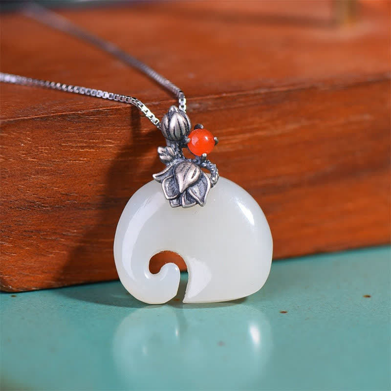 Buddha Stones Witte jade olifant lotus Ketting - Olifant &amp; 45+5cm ketting - image 0