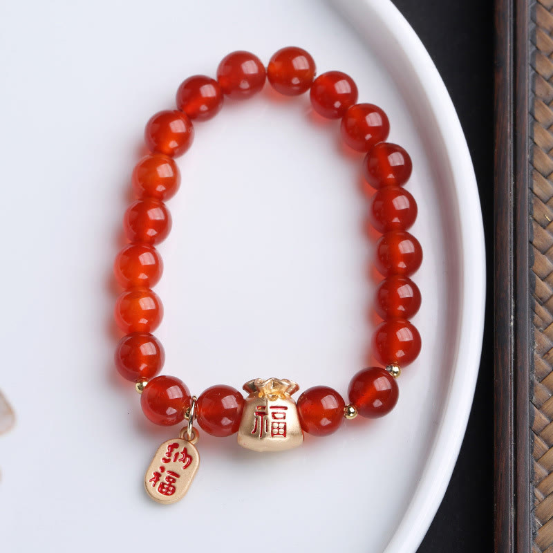 Buddha Stones Natuurlijke witte agaat, rode agaat, geldzak, Fu-teken, klavertje vier, Armband - Geldzak van rode agaat - image 12