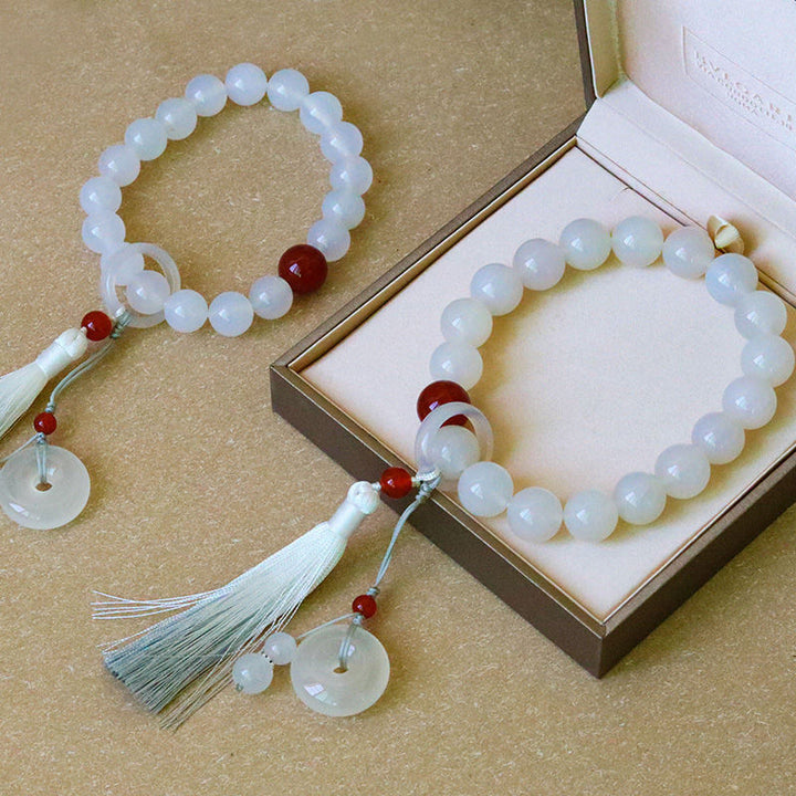 Buddha Stones Witte agaat, rode agaat, Pols Mala met kwastjes, Mala, autodecoratie - image 1