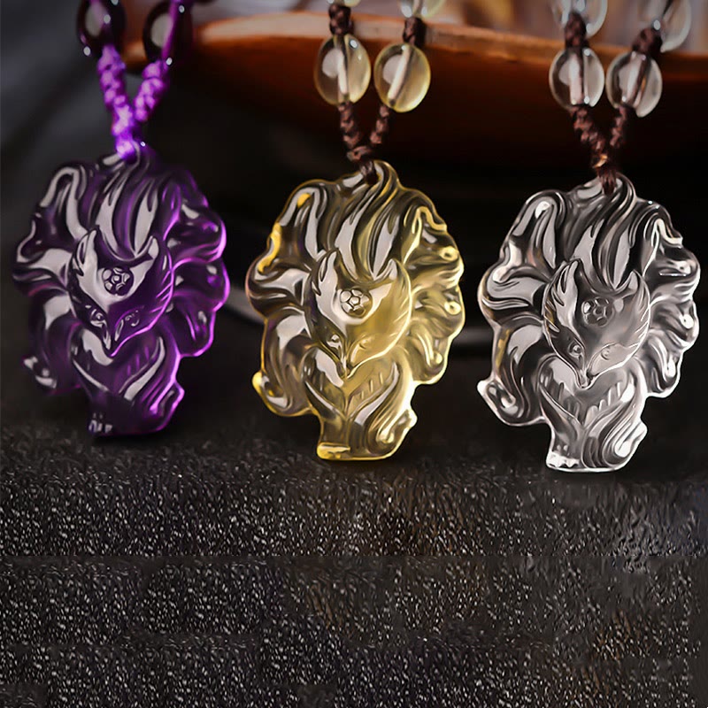 Buddha Stones Halskettinghanger met natuurlijke amethist, witte kristal en citrien, met afbeelding van een negenstaartvos als Ketting. - image 1