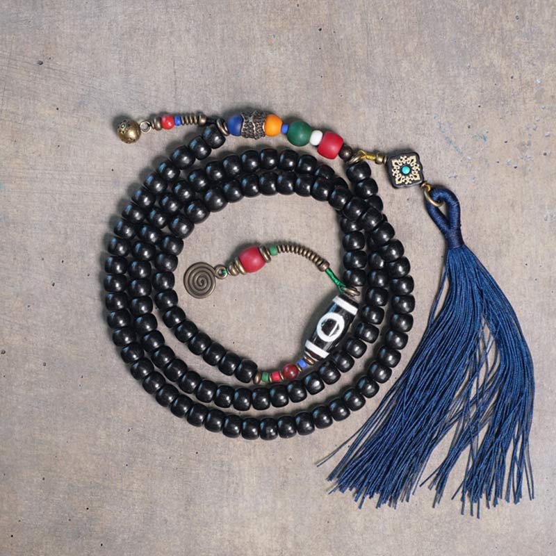 Buddha Stones 108 kralen Mala van ebbenhout, dzi-kralen, koperen Armband met kwastje - 16-17,5 cm - image 0
