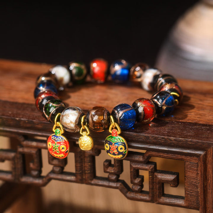 Buddha Stones Vijf Elementen Gouden Verslindend Beest Familie Charm Liuli Glazen Kraal Armband - Liuli glaskraal &amp; middelgrote rood-blauw-gouden Slikkende Beestenfamilie - 14mm(15 kralen) - image 3