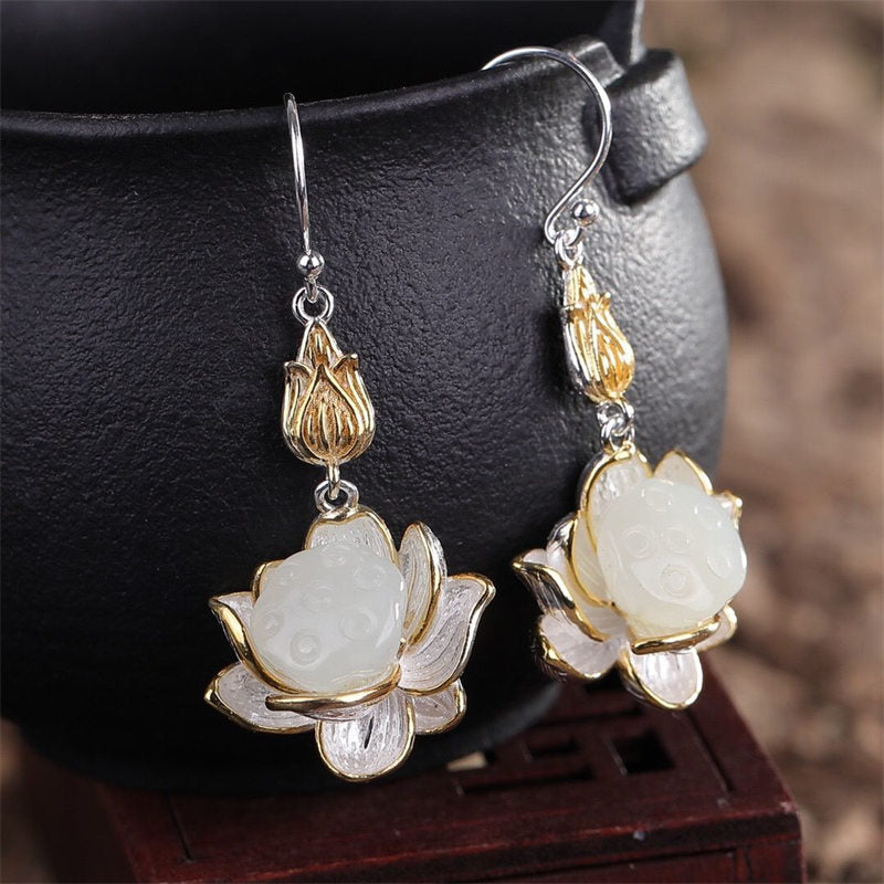 Buddha Stones Witte jade beschermende harmonie Oorbellen - image 1