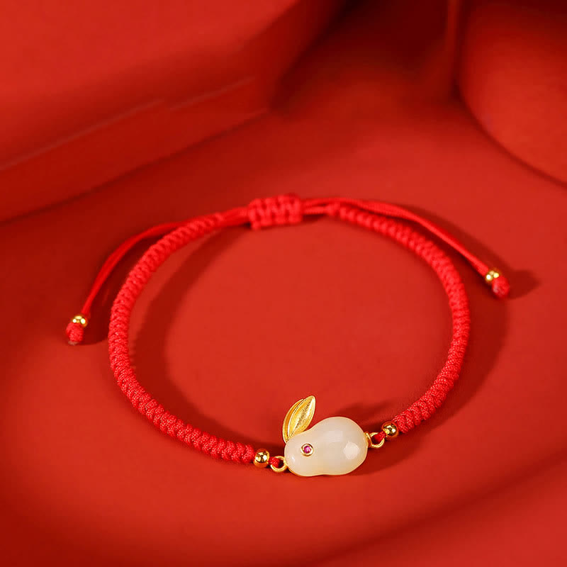 Buddha Stones 925 Sterling Zilveren Jaar van het Konijn Hetian Witte Jade Armband met Rood Koord Bescherming - Hetian witte jade (Bescherming ♥ Geluk) (Polsomtrek 14-20 cm) - image 0