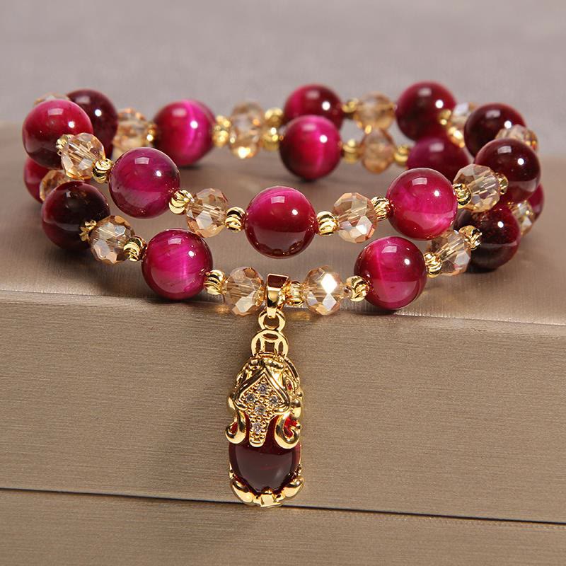 Buddha Stones Tijgeroog PiXiu Vos Geldzak Bescherming Zelfvertrouwen Dubbele Armband - Rode tijgeroog & Pixiu - image 0
