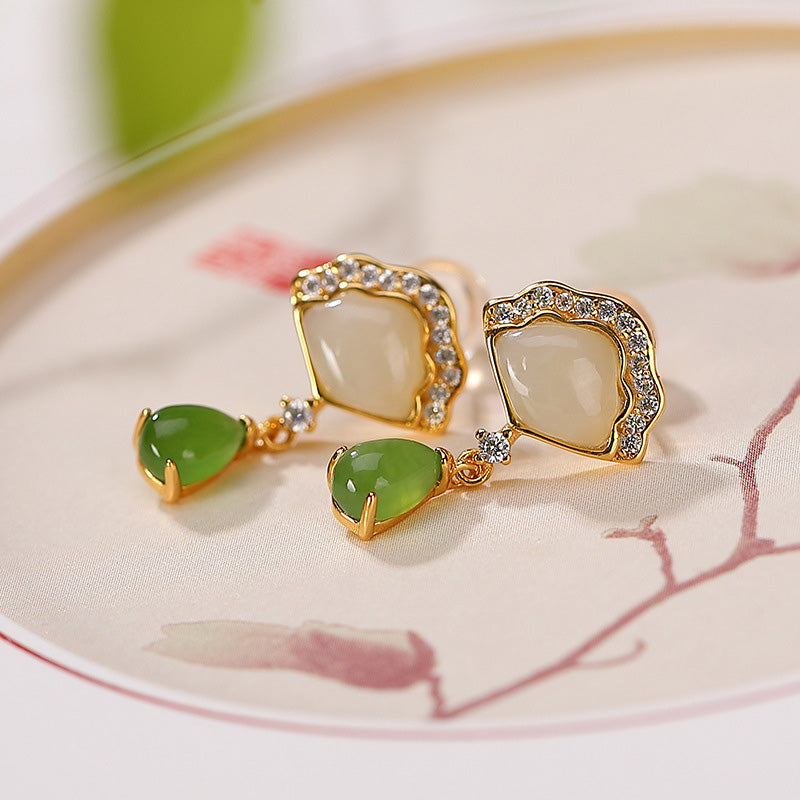 Buddha Stones Witte jade, cyaan jade, Waaier, waterdruppelpatroon, geluksdruppel Oorbellen - image 1
