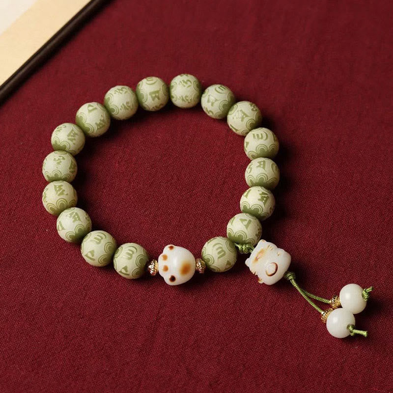 Buddha Stones Groene Bodhizaad Kattenpoot Om Mani Padme Hum Gegraveerde Armband - image 1