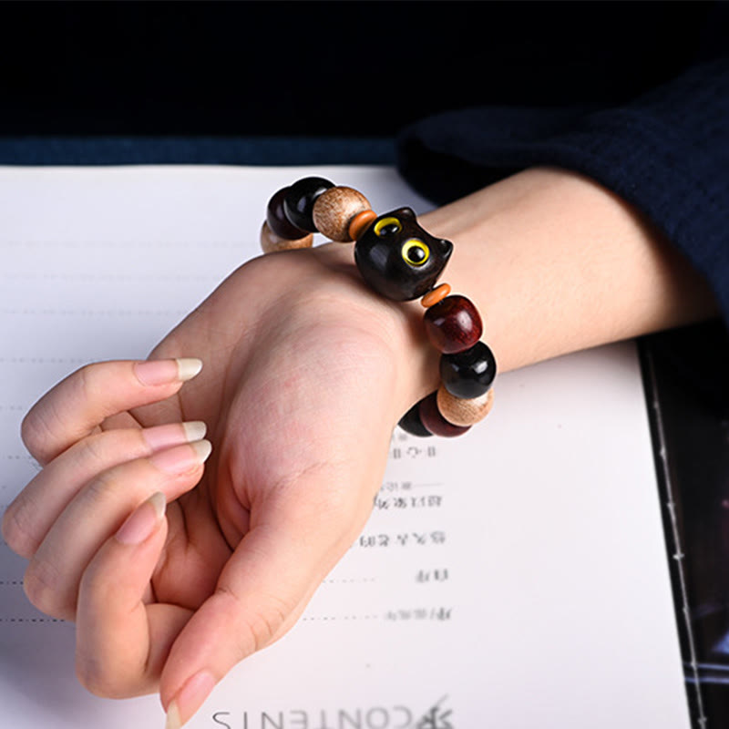 Buddha Stones Armband met kleine blaadjes, rood sandelhout, ebbenhout en schattige kat, gegraveerd ter bescherming - image 6