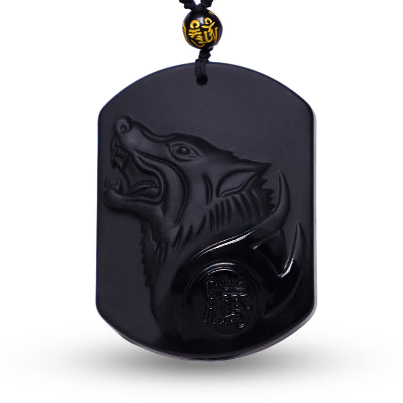Buddha Stones Ketting met wolfmotief van zwarte obsidiaansteen - image 1
