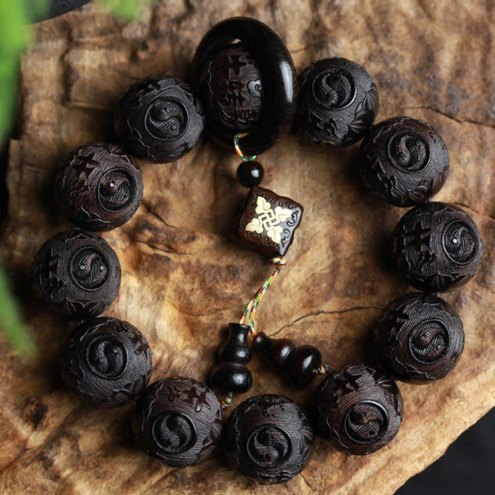 Buddha Stones Armband van ebbenhout met Chinese karakters Yin Yang gegraveerd - Ebony (Balans♥Rust) - image 0