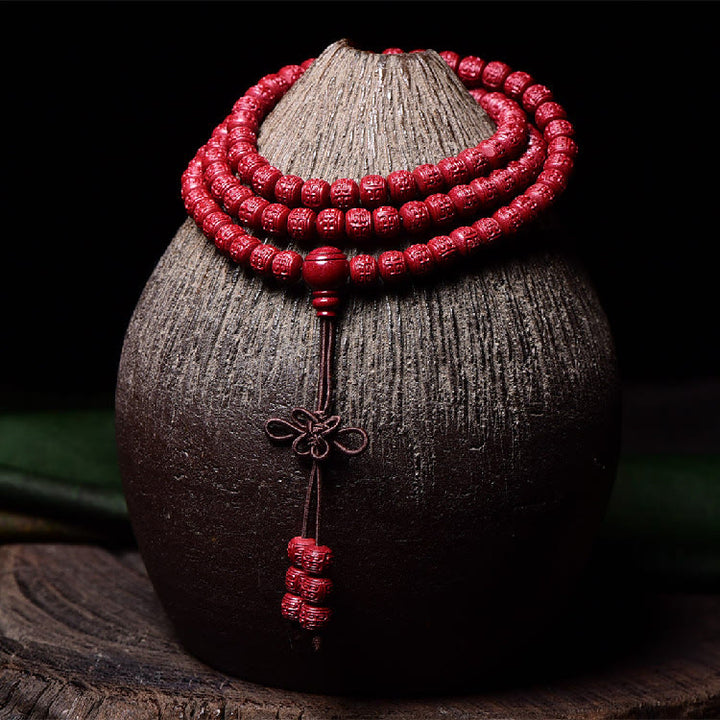 Buddha Stones 108 Mala kralen met cinnaber Om Mani Padme Hum patroon gegraveerde Armband - image 12