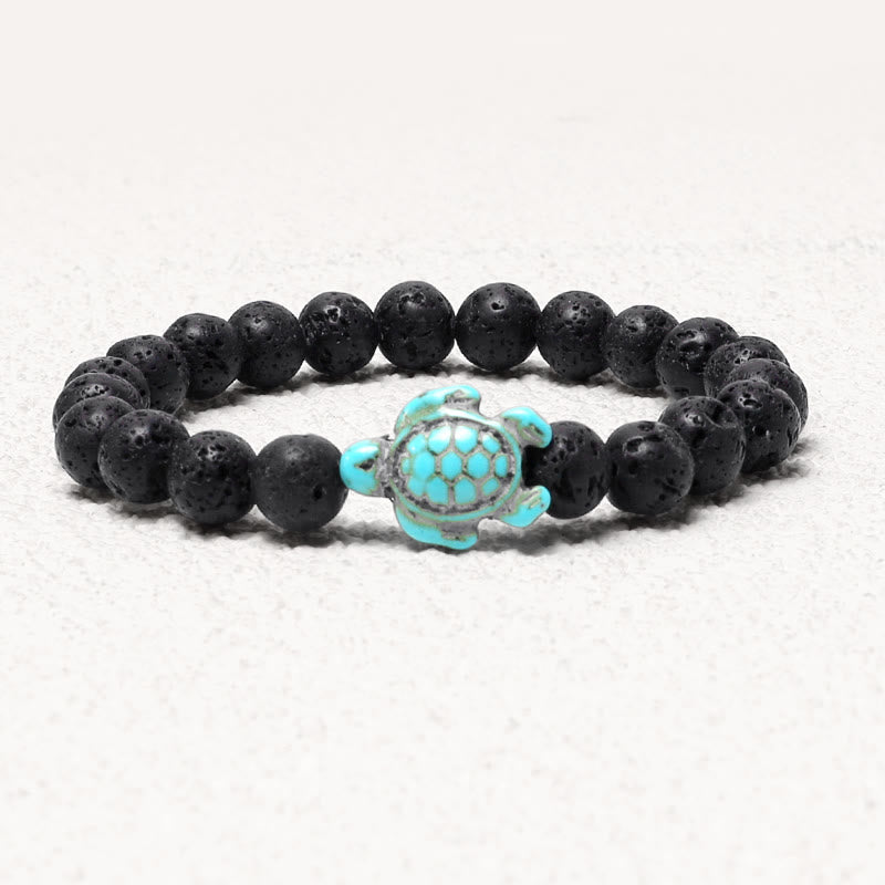 Buddha Stones Armband met natuurstenen afbeelding van een zeeschildpad en turkooizen zegenmotief - Lavasteen - image 4