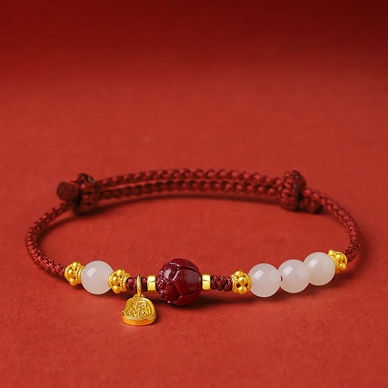 Buddha Stones 24-karaats vergulde Hetian witte jade cinnaber lotus Armband - 13-18 cm - image 0