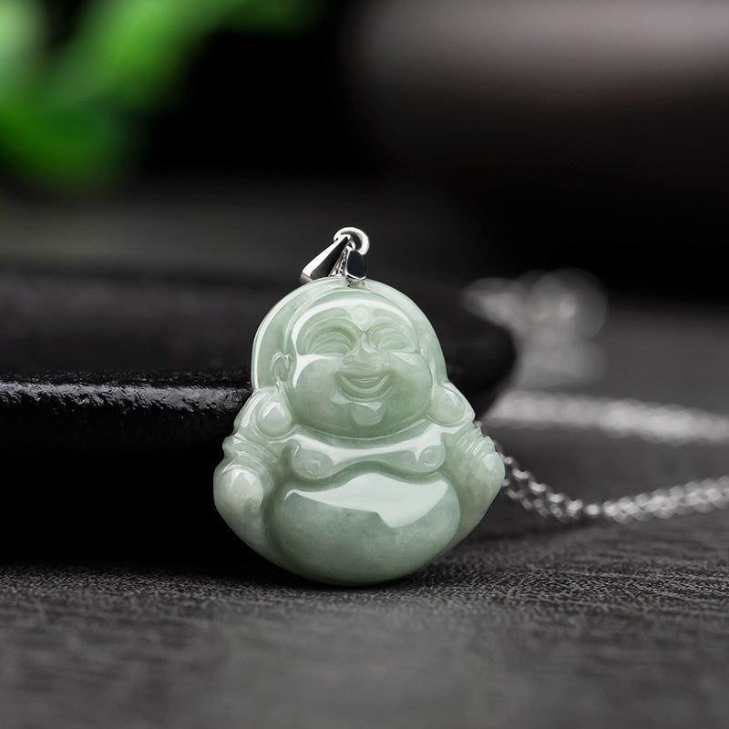 Buddha Stones Laughing Buddha Jade Blessing Titanium Steel Chain Ketting Pendant - image 1