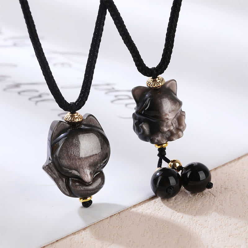 Buddha Stones Ketting met afbeelding van een negenstaartvos en natuurlijke zilverglans van obsidiaan - image 0
