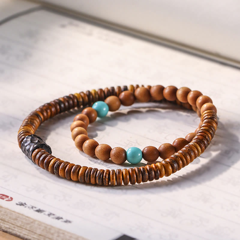 Buddha Stones Sandelhout Turkoois Beschermende Dubbele Armband - image 1