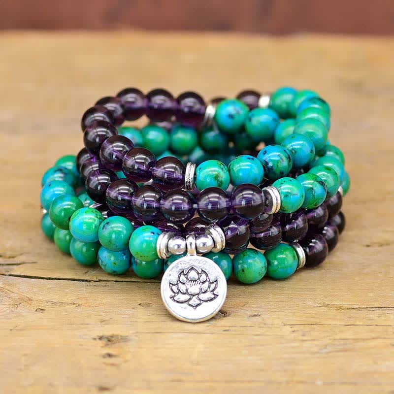 Buddha Stones Amethistgroene aventurijn spirituele lotus Armband - Amethist & Groene Aventurijn - image 0