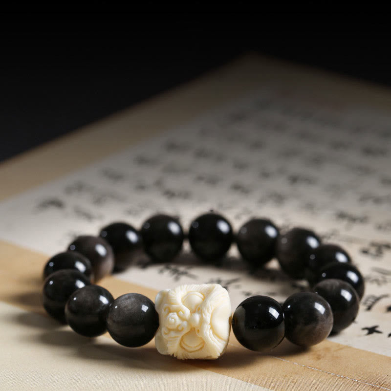 Buddha Stones Zilveren Obsidiaan Bodhizaad Ivoor Fruit Dansende Leeuw Armband - Zilverglanzende obsidiaan (Communicatie♥Rustgevend) - 14mm - image 0