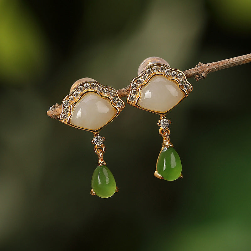 Buddha Stones Witte jade, cyaan jade, Waaier, waterdruppelpatroon, geluksdruppel Oorbellen - Witte jade en cyaan jade - image 0