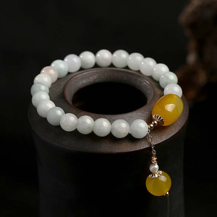 Buddha Stones Armband van natuurlijke witte jade agaat - Gele agaat (Polsomtrek: 14-16,5 cm) - image 0